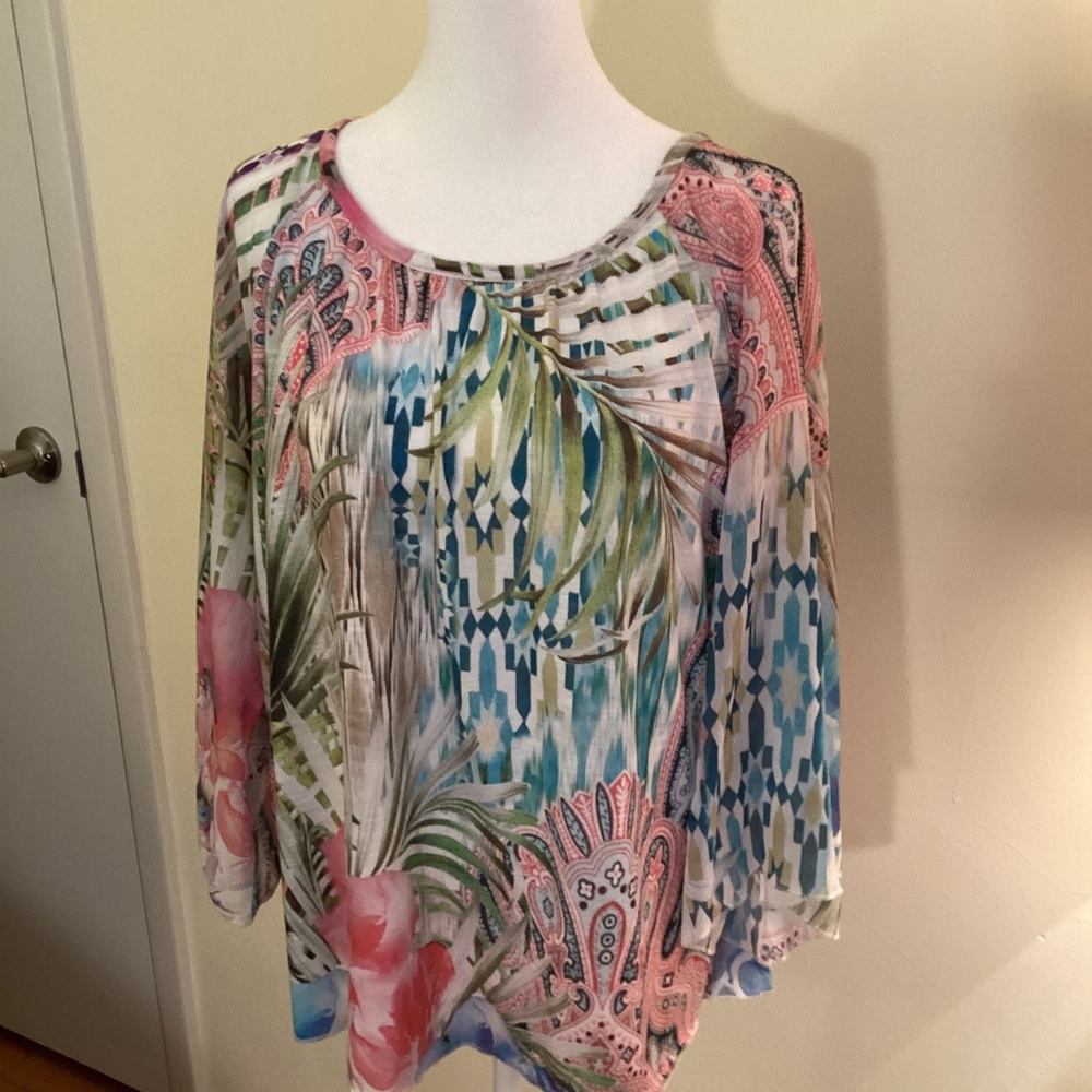 Chico’s tropical print blouse, size 3 petite